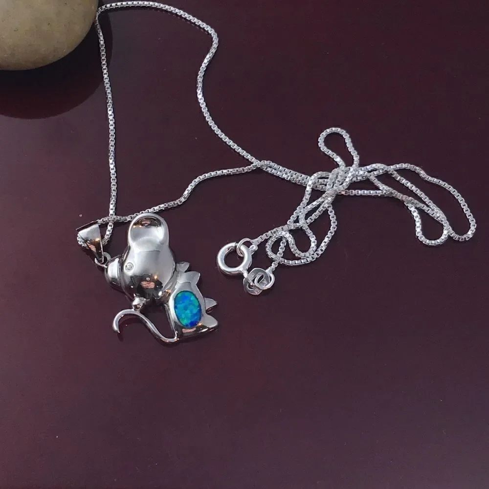 Mouse lab created opal sterling pendant & chain